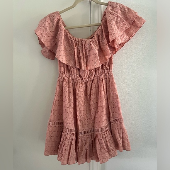 Free People - Pink Celine Eyelet Off the Shoulder Ruffle Mini Dress - Picture 4 of 5